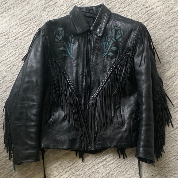 🖤⚡️Vintage Black Leather Fringe Jacket with Suede Roses ⚡️🖤 - Picture 4 of 11